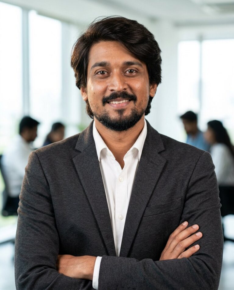 AI headshot example: Charcoal blazer, office