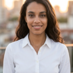 woman in a white shirt, city background