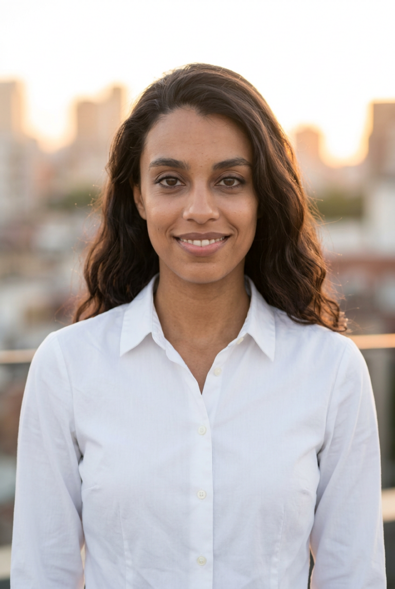 woman in a white shirt, city background